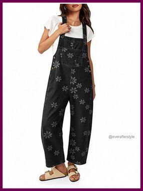 Wide Leg Floral Denim Overalls Adjustable Straps Casual